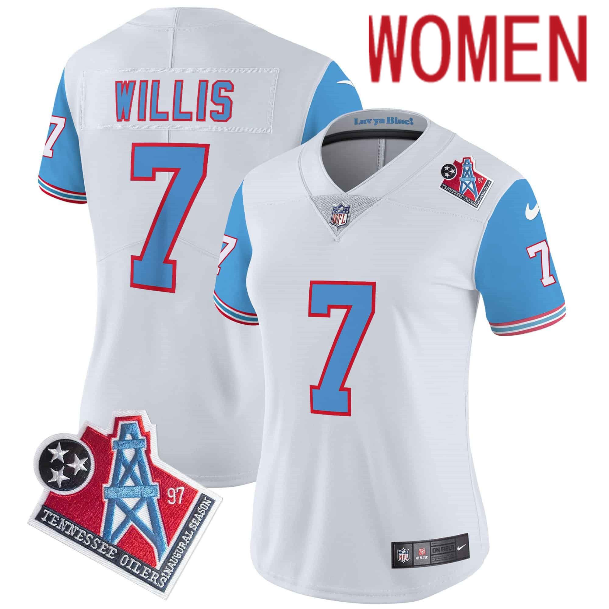 Women Tennessee Titans 7 Willis White 1997 Throwback 2024 Nike Limited Vapor NFL Jersey style 1